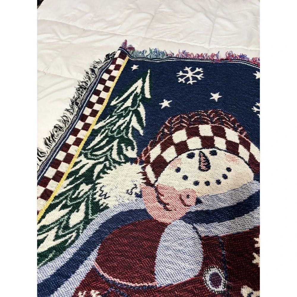 Vintage‎ Snowman Woven Tapestry Throw Blanket Afghan Christmas Fringe 48x38